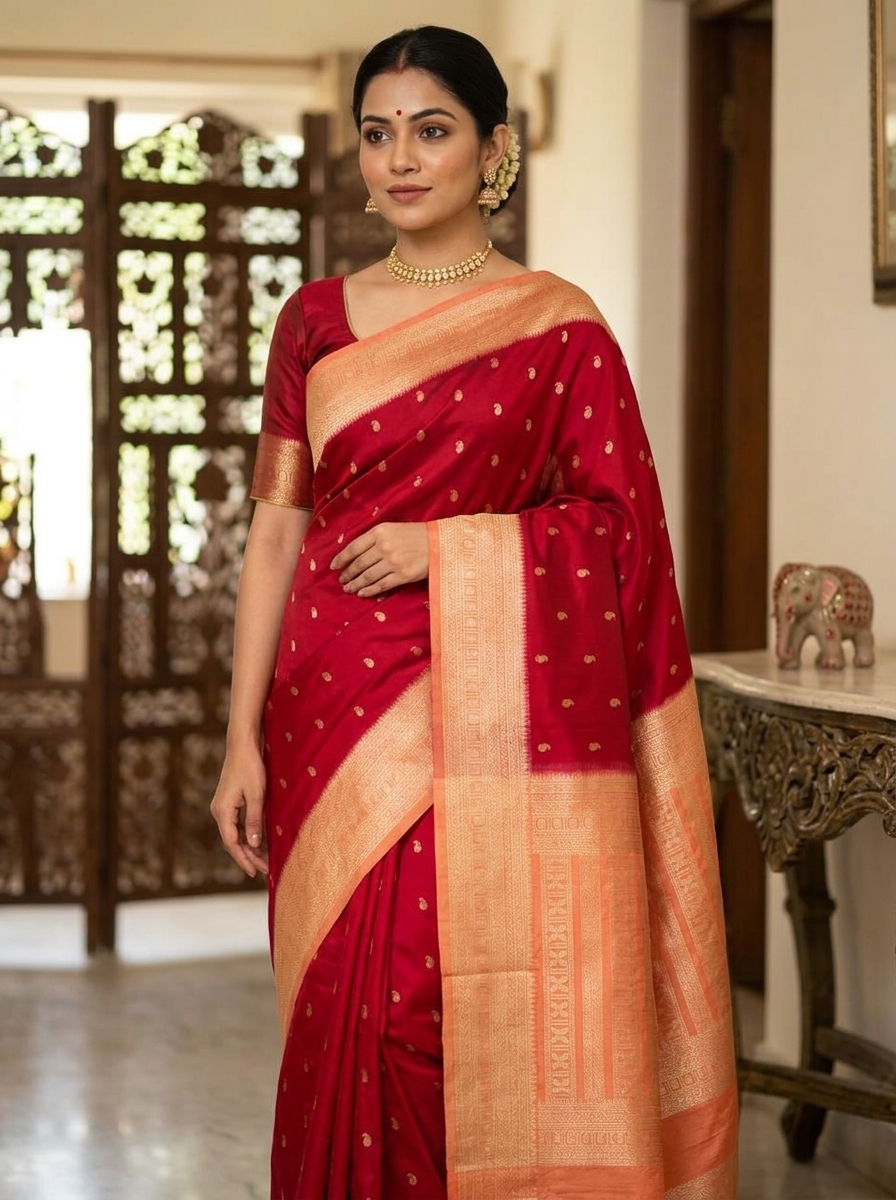 Sindoor Red Mysore Crepe Saree with Contrast Bentex Border and Rich Zari Pallu